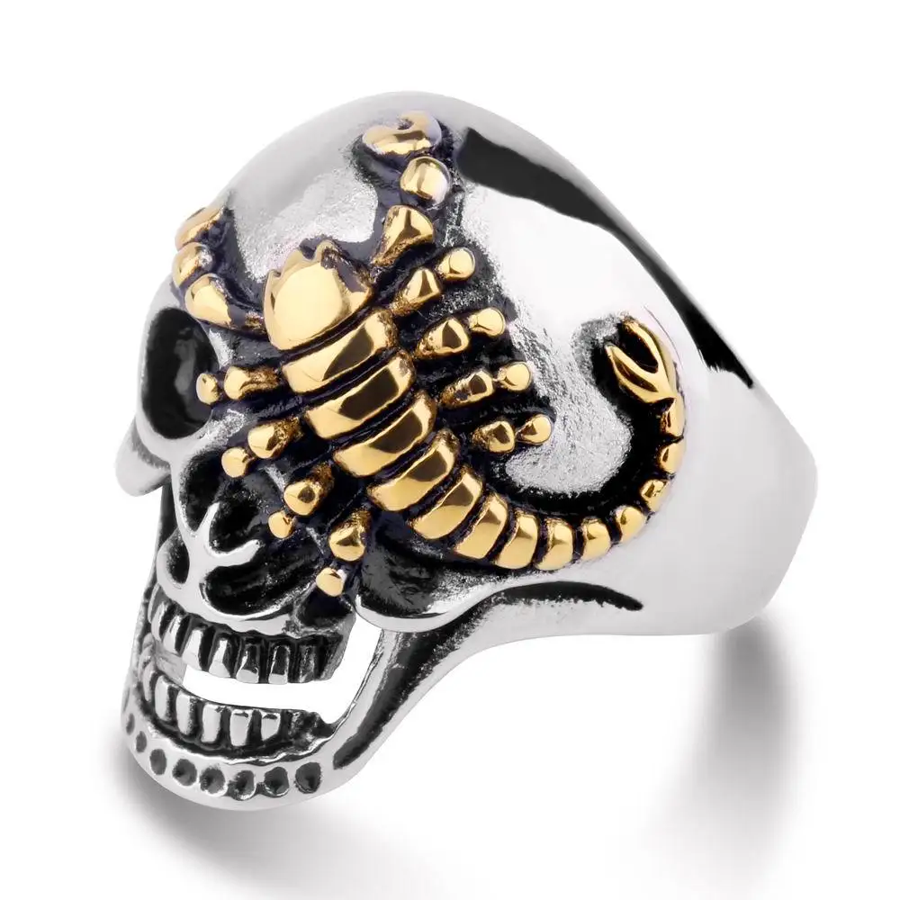 Punk Fashion Single Ring Jewelry Retro Domineering Golden Scorpion Skull Ring Titanium Steel Male Ring