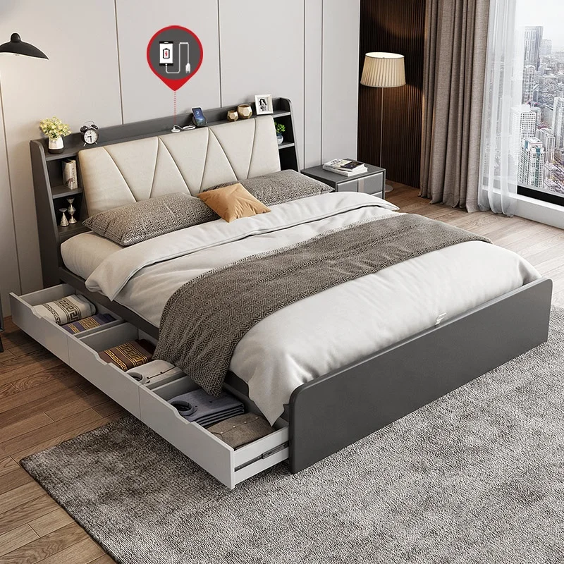 High Quality Bed Room Furniture Bedroom Double Size Storage Wooden Mattress Bed with Drawers