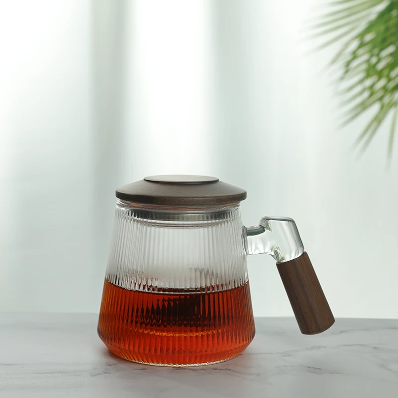 New Popular Quality Wooden Handle Glass Tea Mug With Infuser And Lid Glass Coffee Filter Teapot Strainers Cup for Office Home
