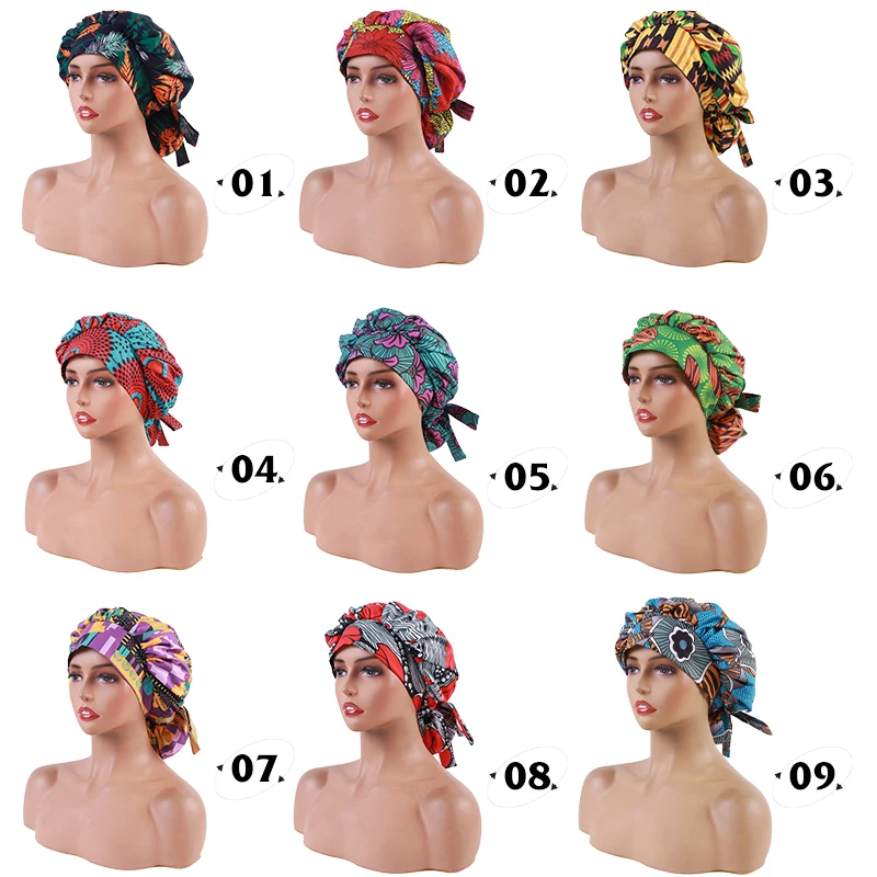 New Design Cotton Tropical Leaves Print double Layer Satin Lined Medical Surgical Cap With Long Thin Strip