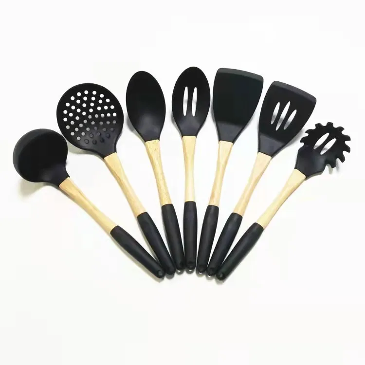 Factory direct silicone kitchenware set wooden handle cooking spoon spatula 6 piece set kitchen utensils spatula spot wholesale