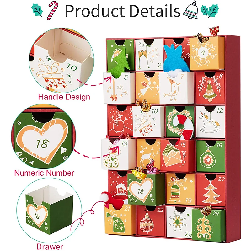 Advent Calendar Large Christmas Countdown Candy Gift Calendar Custom Logo Drawer Advent Calendar Cardboard Box