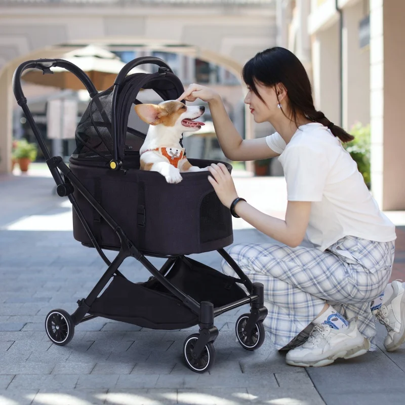 Factory Wholesale Pet Travel Wheel Stroller Dog Cat Transport Trolley Four Rounds Foldable With One Hand pet dog stroller