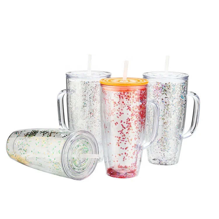 Most popular products Direct factory wholesale 24oz glitter plastic double wall acrylic glitter tumbler with handle straw