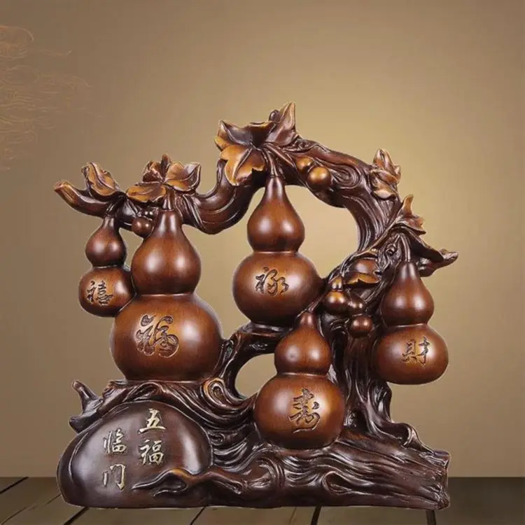 Fortune Longevity Happiness Wealth Gourd Five Blessings Wood Sculptures Crafts Ornaments Living Room Entrance Home Furnishings