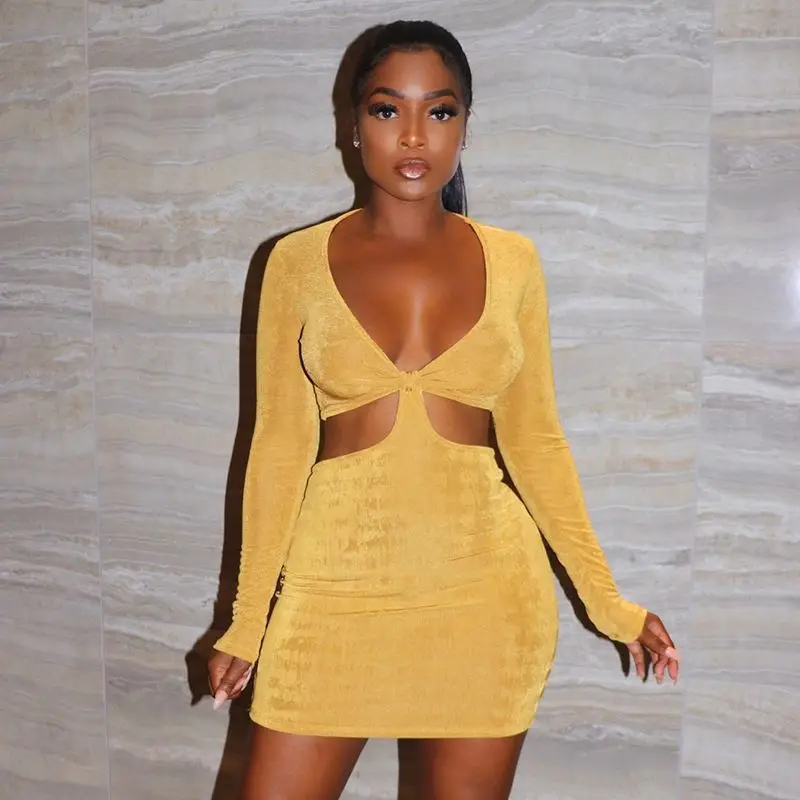 Новое поступление 2021 желтое платье с длинным рукавом с круглым вырезом короткая юбка рекомендуемый дизайн мини-платье