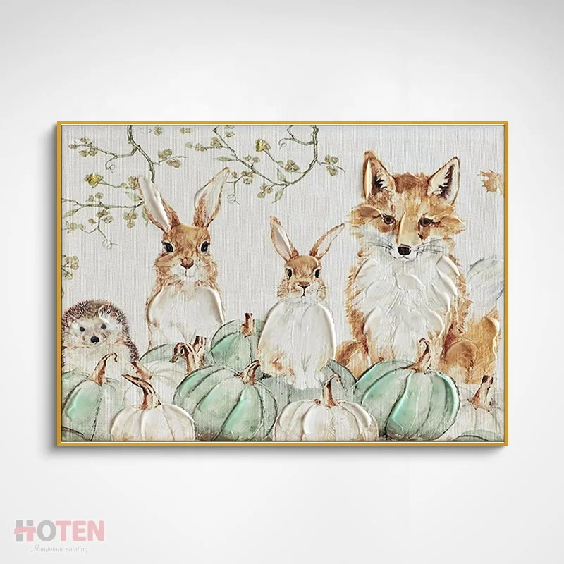 Hand-painted animal painting rabbit acrylic painting cute hedgehog fox oil painting