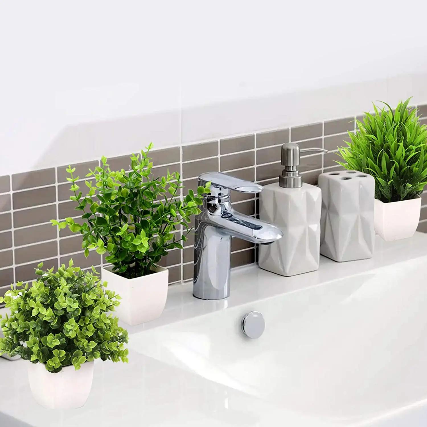 3Pack Mini Fake Plants Artificial Plastic Eucalyptus Plants Wheat Grass Potted Faux Plants Indoor for Office Decor