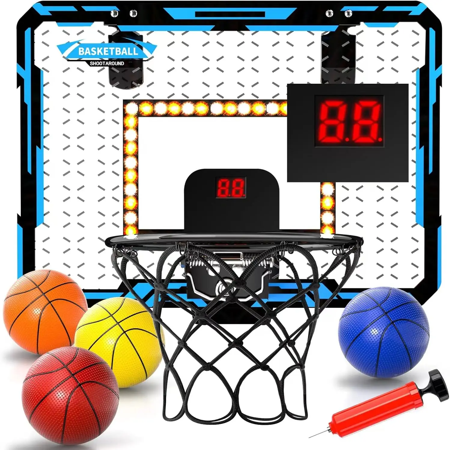 Basketball Hoop Indoor, LED Light Mini Basketball Hoop with 4 Balls Electronic Scoreboard, Over The Door Basketball Hoop