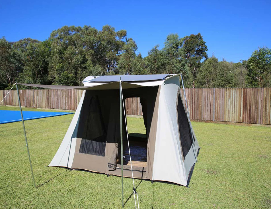 Outdoor four season waterproof cotton canvas camping flex bow spring bar tent with shelter