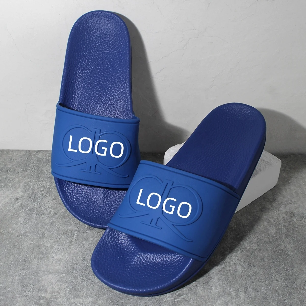 Happyslides Custom Logo Designer Slippers Open Toe Single Band Blue PVC Slides For Men