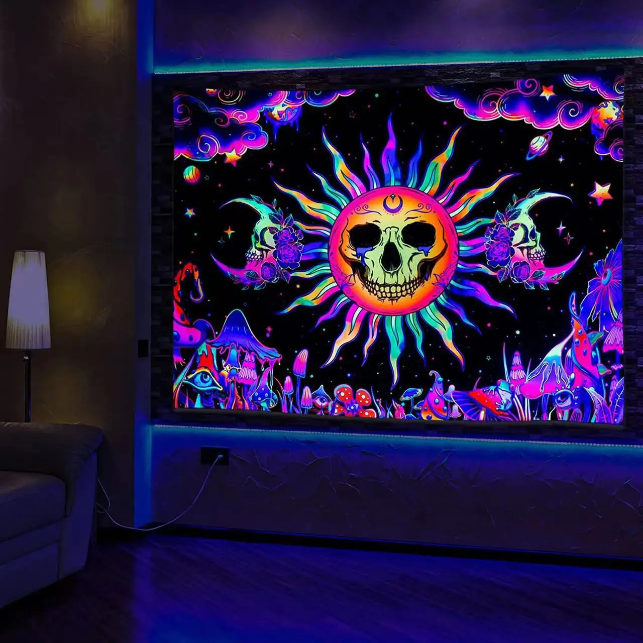 Fluorescent Wall Hanging Wall Tapestry Psychedelic Mandala Background Witchcraft Supplies UV Light Mushroom Tapestry