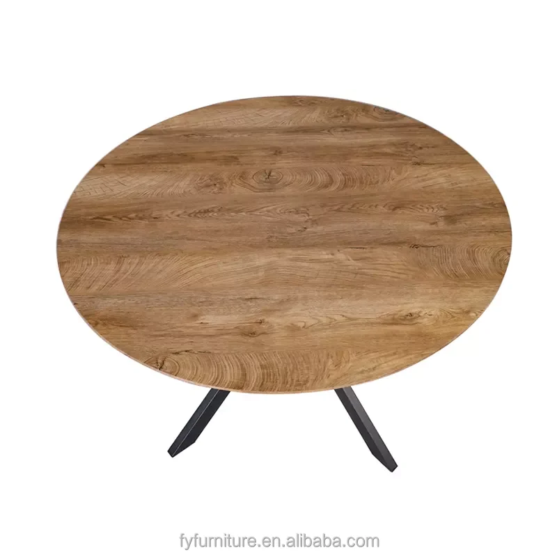 Scandinavian Rustic Style Round Wooden Tabletop Dining Table with Metal Legs for Hotel Dining Room