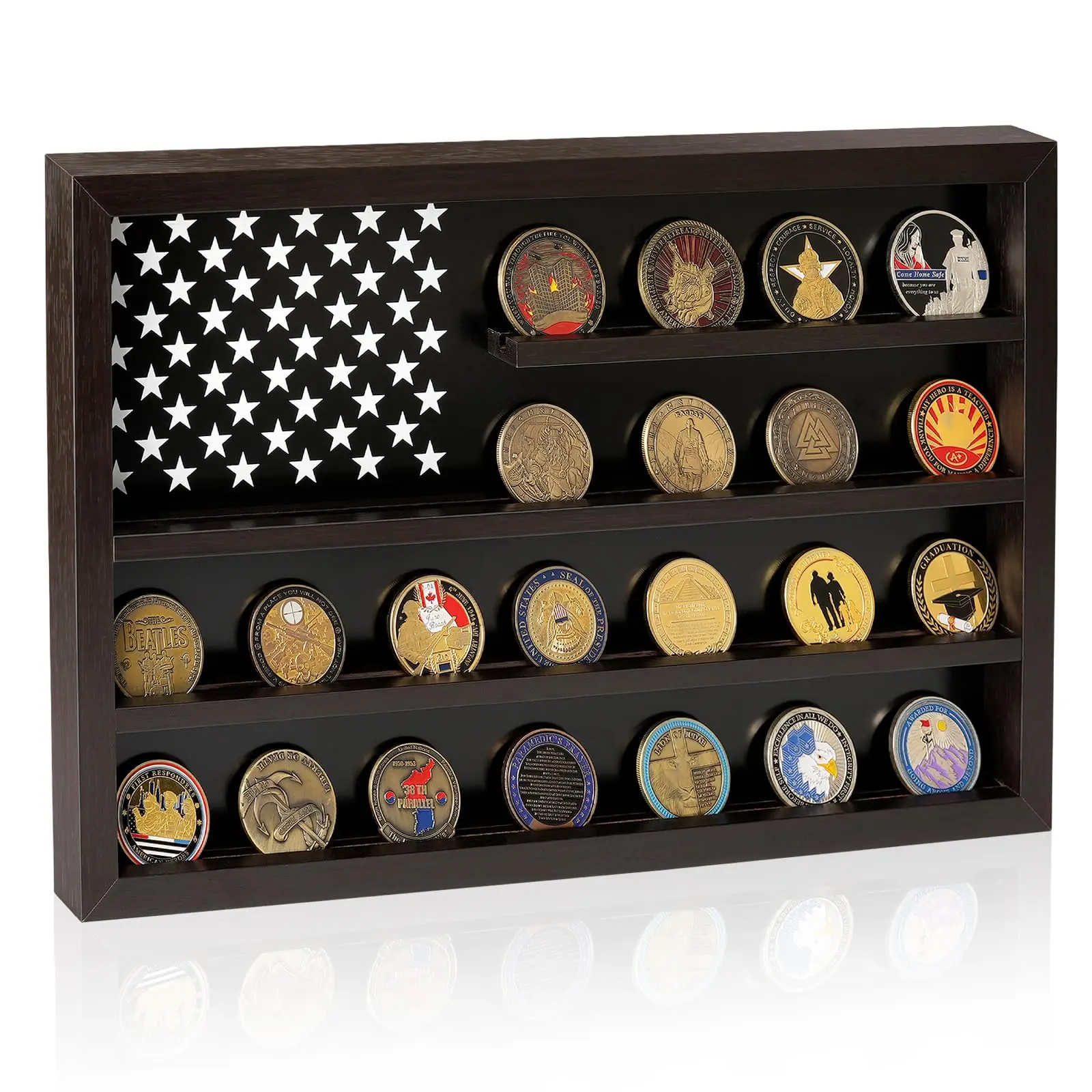 Military Challenge Coins Display Case Holder with American Flag Holds 40 Coins  Wooden Coin Stand Rack with Border