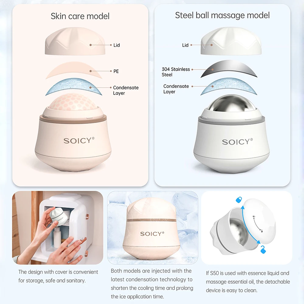 New Arrival Dermaroller Ice Roller SOICY S50 360 Degree Rotate Skin Care Face Roller Stainless Ball Body Massage Roller