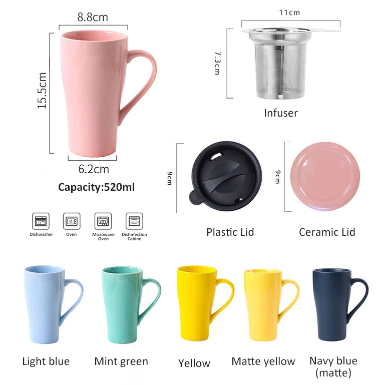 Custom 17oz Large Ceramic Tea Mug Infuser Cup with Logo Tea Strainer Cup Gifts Christmas Porcelain Tea Cup with Infuser and Lid