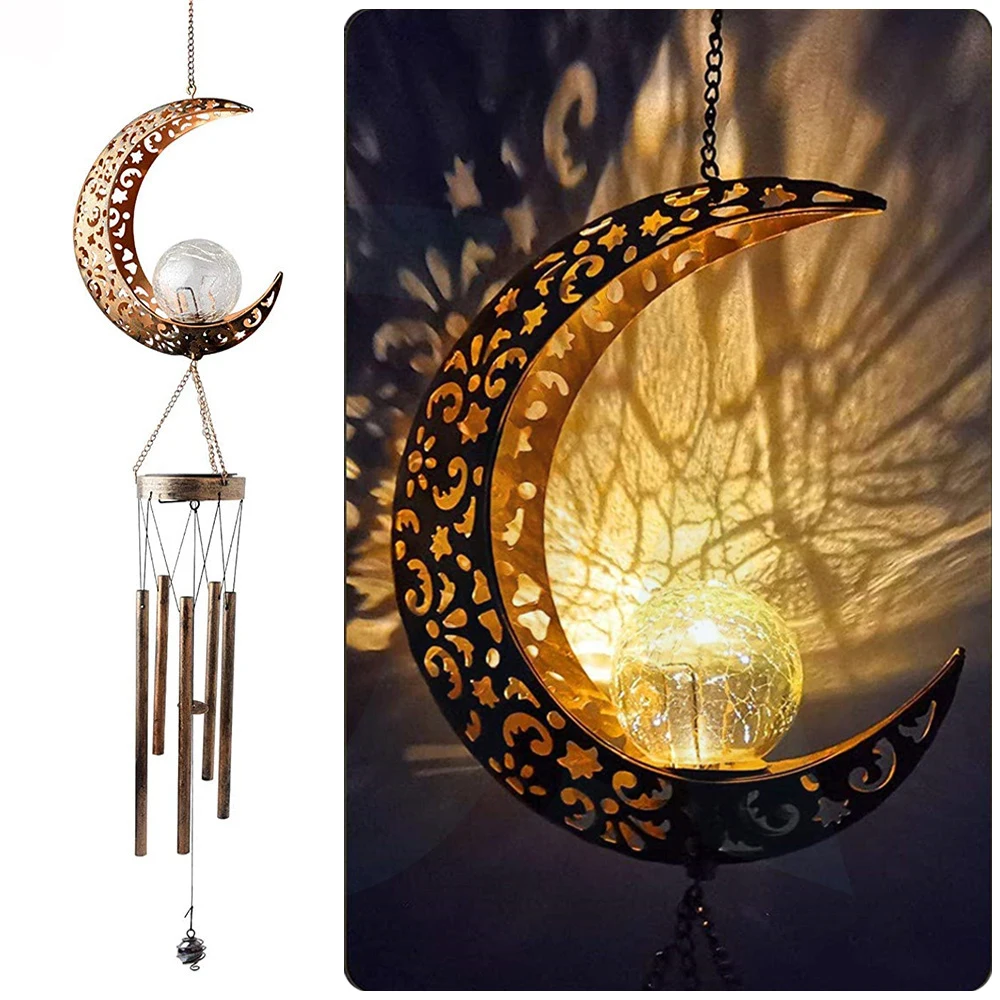 Solar Lights Wind Chimes Outdoor Waterproof Hanging Aeolian Bells Solar Lamp With Moon Star Sun Shape For Party Garden Festival