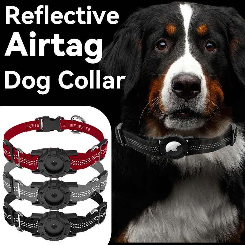 Reflective Air Tag Airtag Dog Collar Adjustable Metal D Ring Buckle Waterproof Airtag Holder Case Dog Collar
