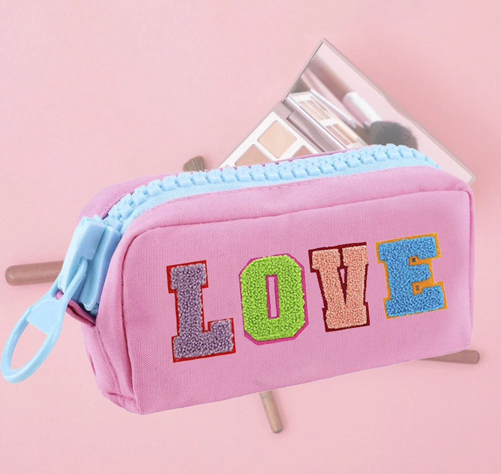 DIY Embroidery Plush Cosmetic Bag Toiletry Bag Ladies Towel Glittering Chenille Patch Student Pencil Case Preppy makeup bag