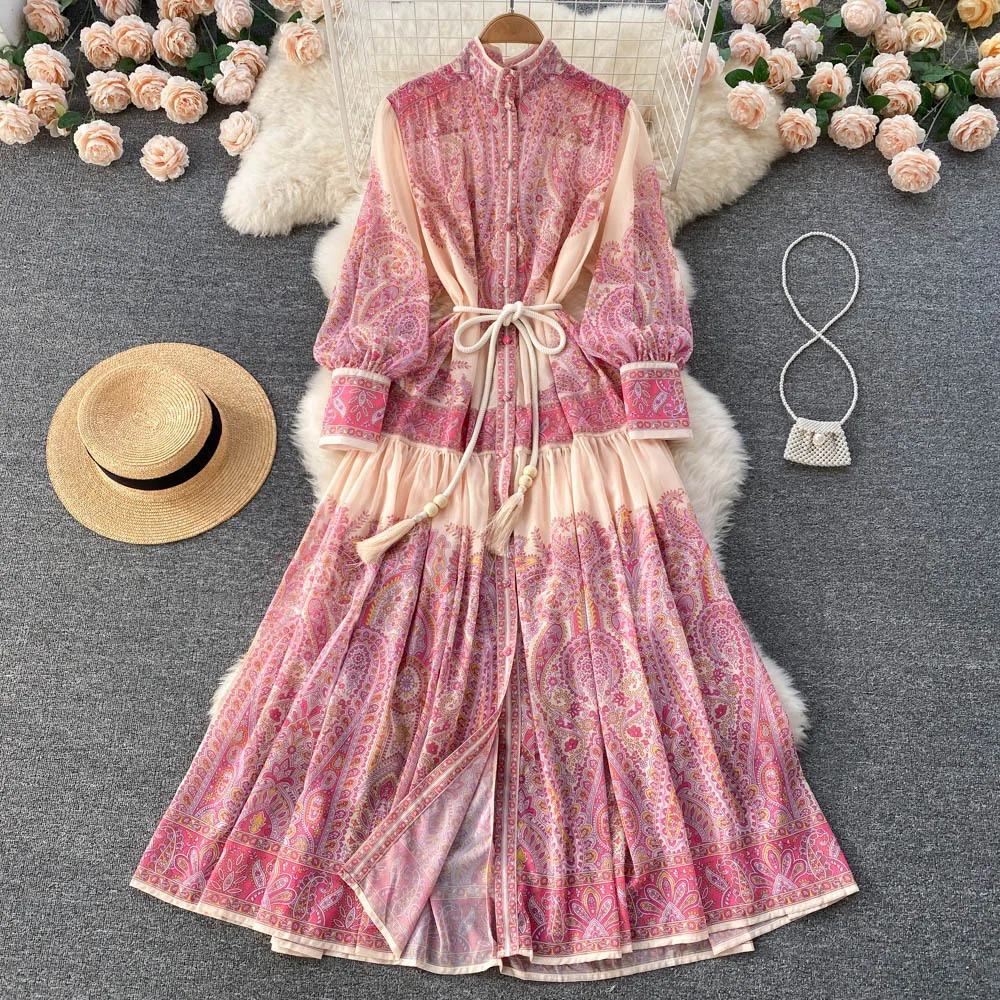 New Design Casual Stand Collar Ladies Lantern Sleeve boho custom all over 3d floral Print Loose Maxi long shirt Dress for Women