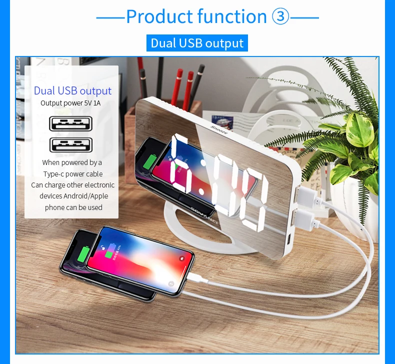 Display time alarm clock with bed shaker waking heavy sleepers led mirror vibration alarm clock