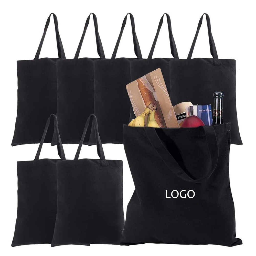 
Reusable Heavy Duty Blank Women Men Eco-friendly Foldable Black Natural Cotton Canvas Tote Shopping Bag with Logo 