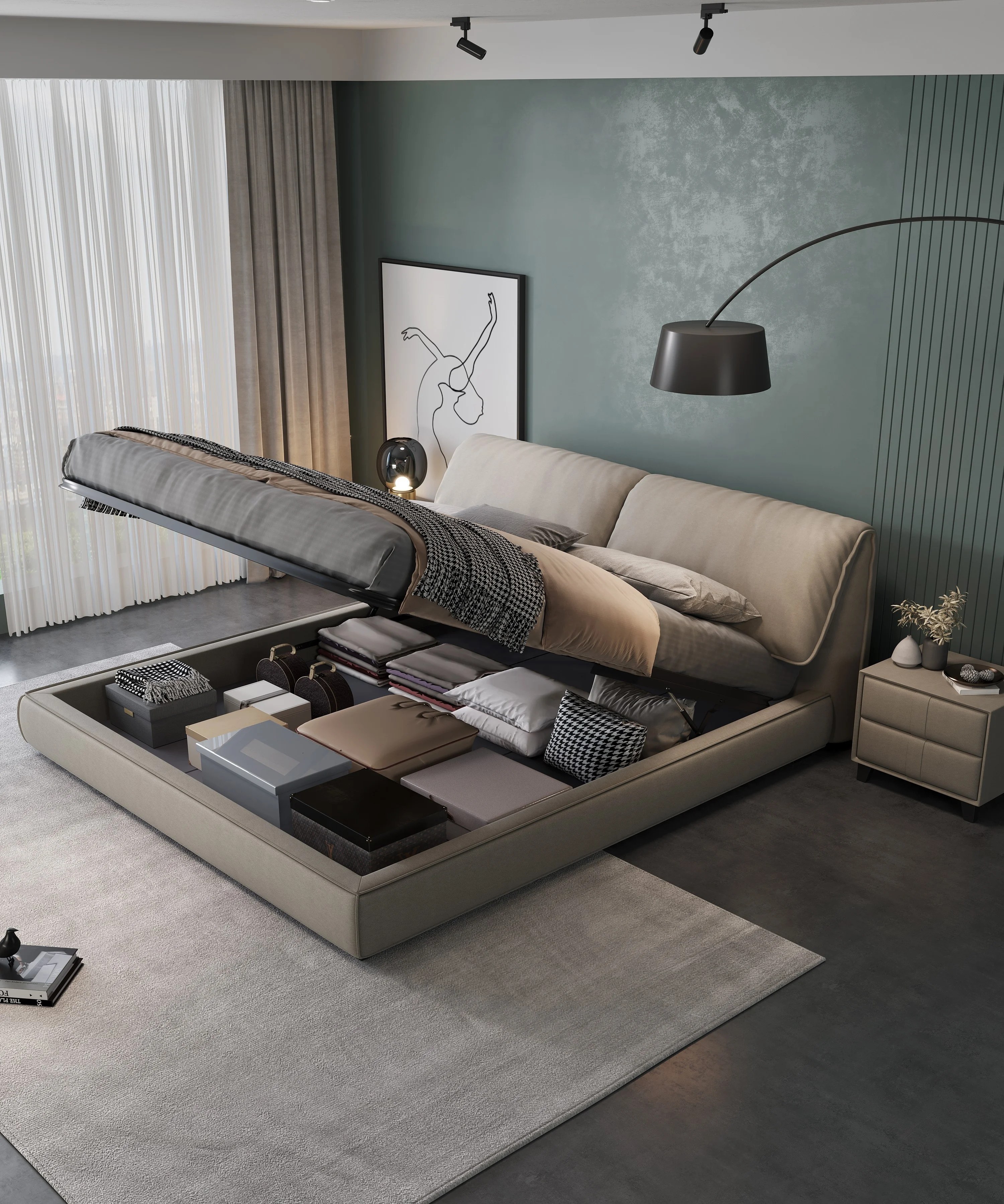 Luxury Tech Cloth Up-holstered Bed Frame Storage Queen Size Bedding Custom Double Bed Set Nightstand Home Bedroom Furniture