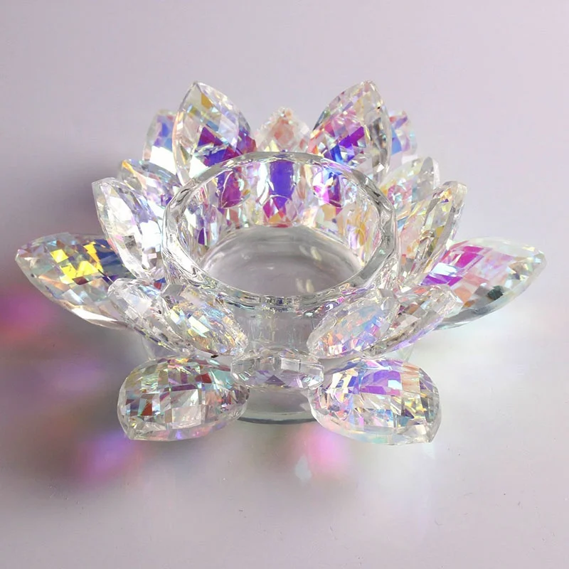 Wholesale Rainbow Colorful Crystal Glass Lotus Flower Shaped Candle Holders For Wedding Decorations