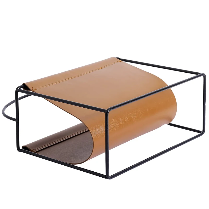 Modern Magazine Holder with Industrial Matte Black Metal Frame and Caramel Brown Leatherette Sling Hanging Storage Organizer