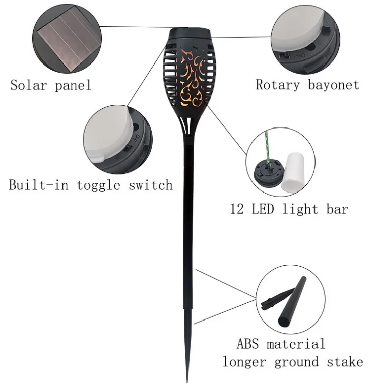
New Arrival Good Quality Black solar flame light torch light Sticker Garden Light plastic 