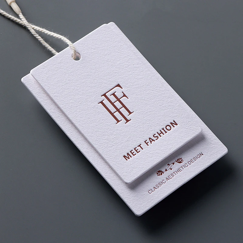 Custom luxury embossed garment paper plastic clothing hang tag string labels with logo for clothes