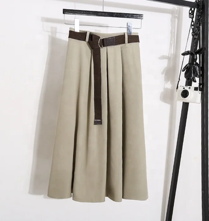 Stock Women Long A-line Skirts Summer Office Ladies Belt Elegant skirts Ladies High Waist Cotton Polyester Plain Color Skirts