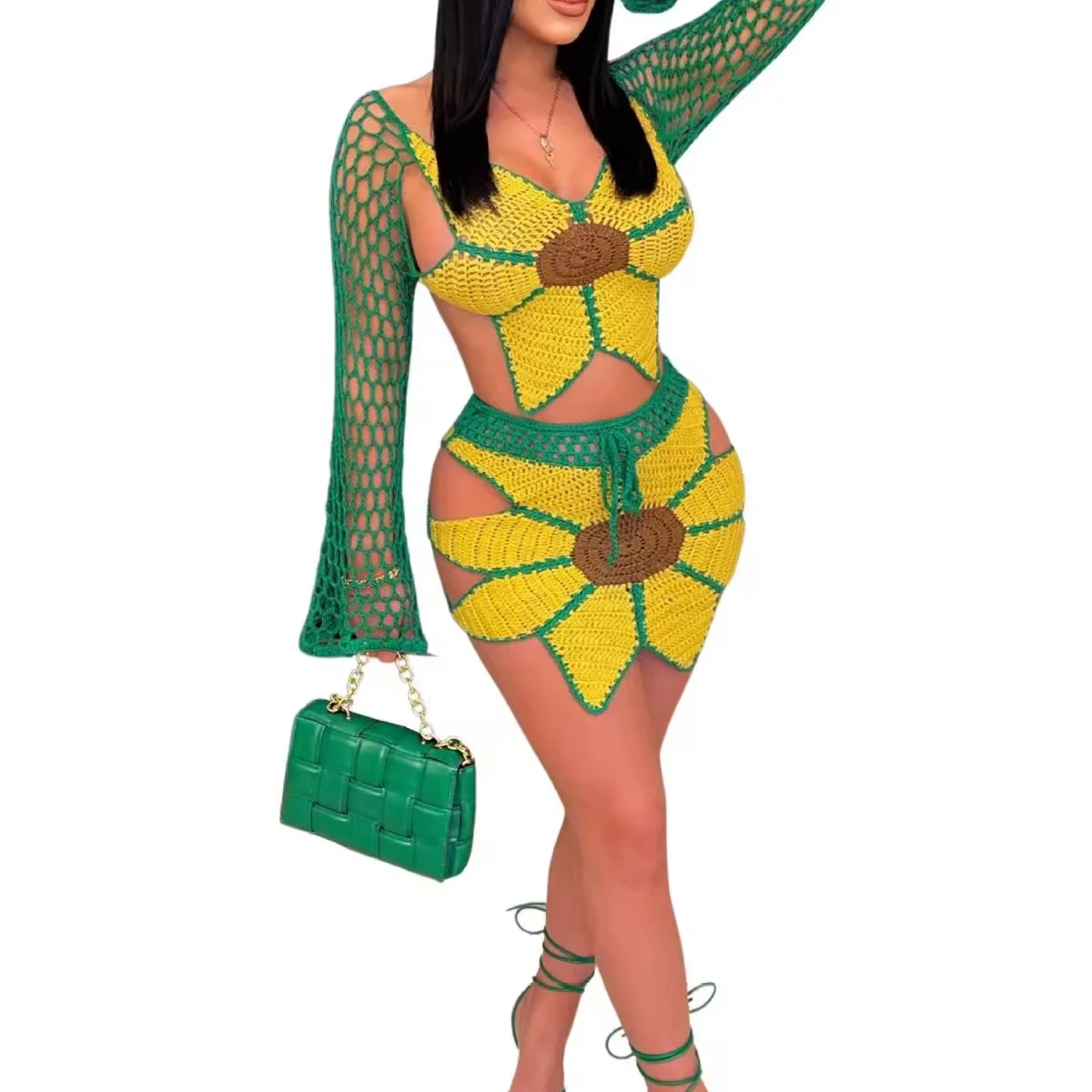Ladies beach suit sexy hand-crocheted sunflower fashion 2 piece skirt set
