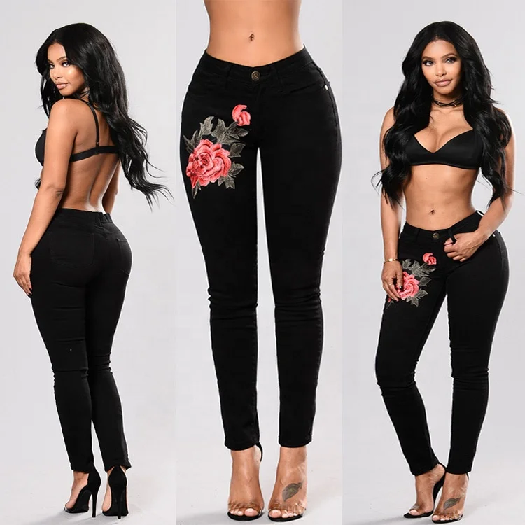 Women Stretch High Waist Skinny Embroidery Jeans Without Ripped Woman Floral Holes Denim Pants Trousers Women Jeans Pencil Pants
