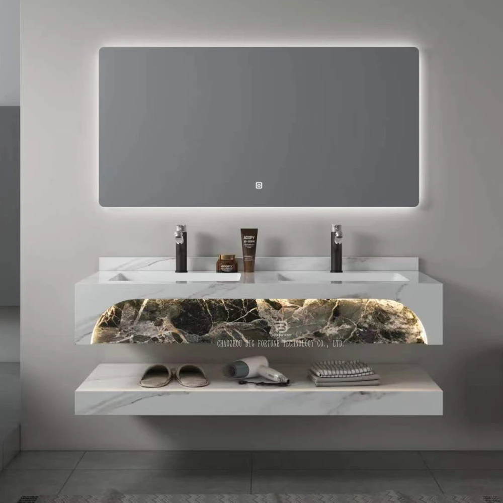 Factory sintered stone wash basin cabinet wall mounted marble top double sink bathroom vanity with mirror