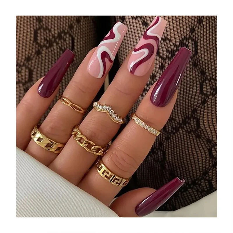 Hot Selling Custom Abs Long Coffin Press On Nail Wholesale Classic Red White Meandering River Design Artificial Fingernails