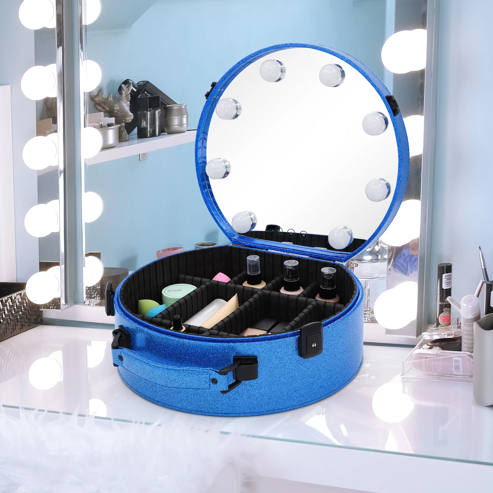 KEYSON FACTORY WHOLESALE Portable PU Makeup train Case bag Cosmetic Storage Suitcase Vanity Box with led mirror for artists