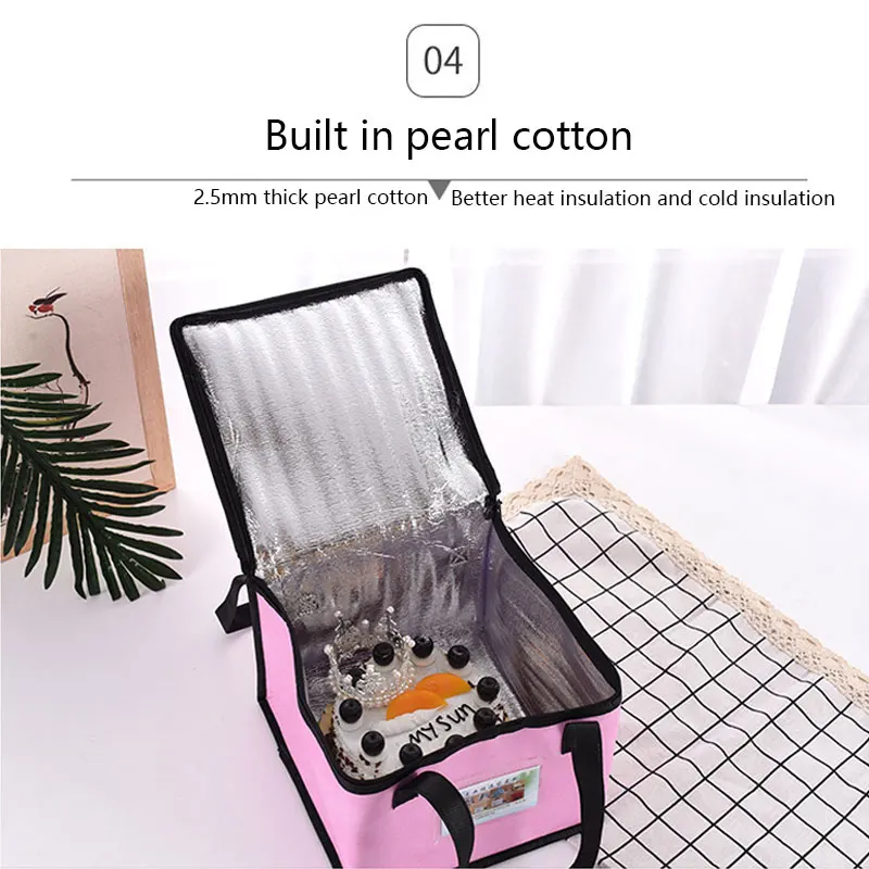 Custom Logo Pink Geometric Square Portable Non Woven Large Insulated Tote Bag Thermal Lunch Cooler Bag