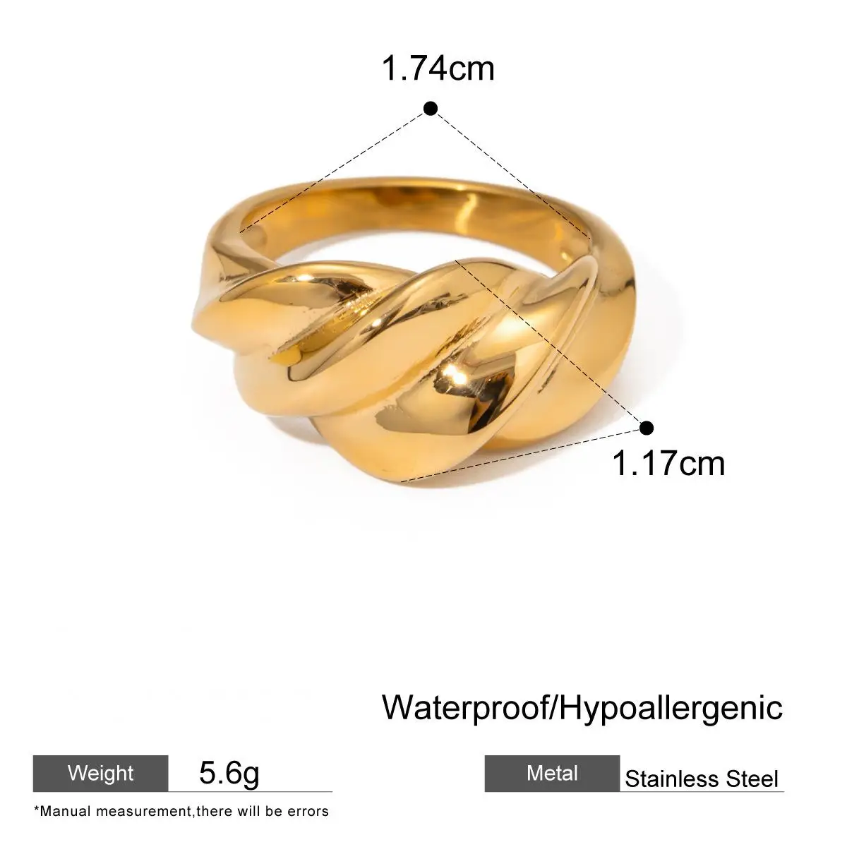 QS модное водонепроницаемое купольное кольцо ювелирные изделия 18K позолоченное витое 316L из нержавеющей стали яркое массивное для женщин