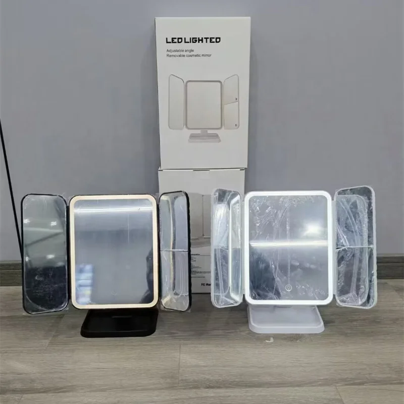 Smart Led Desktop Three-Folding Shell Leather Mirror Rotating Touch Infinite Dimming Makeup Mirror Dressing Mirror Storage Box