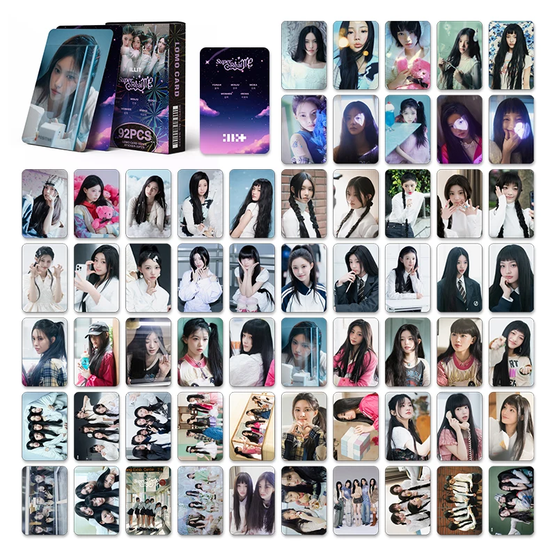Hot 92pcs kpop ILLIT Korean star girl group 60pcs lomo card 32 bicycle refrigerator stickers souvenir collector card