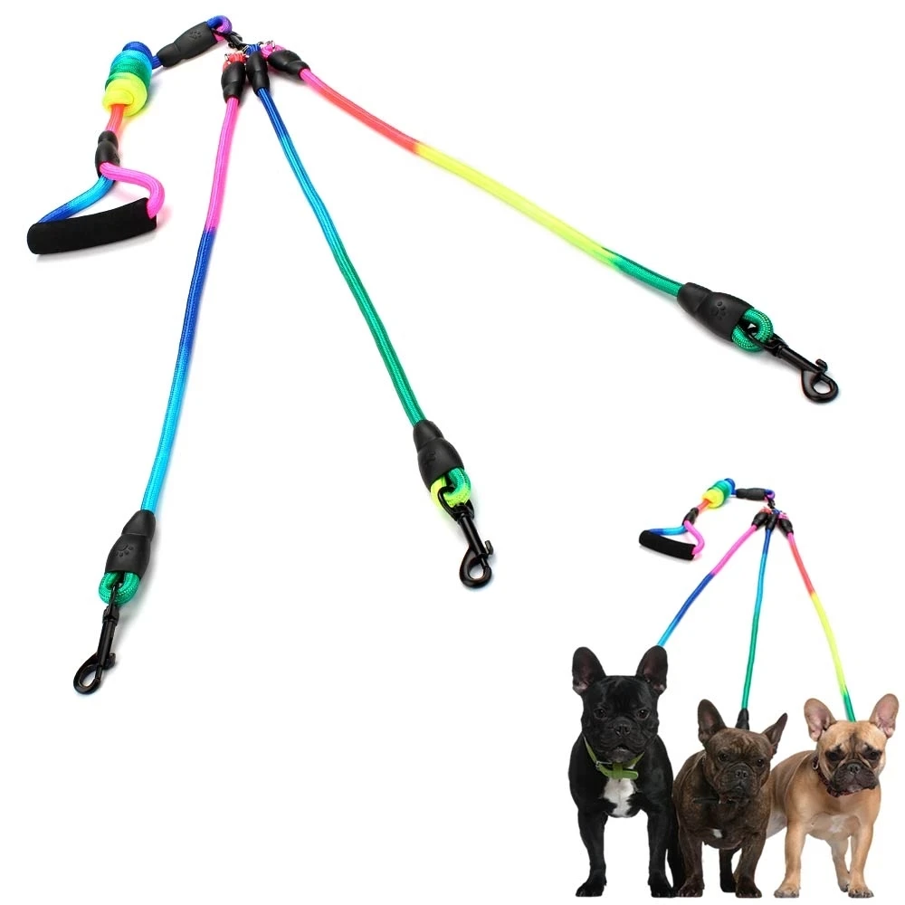New Rainbow Multi Dogs Leash Nylon Detachable Pet Lead Foam Handle 1 Leash for 2 or 3 or 4 Dogs Round Traction Rope Dog Supplies