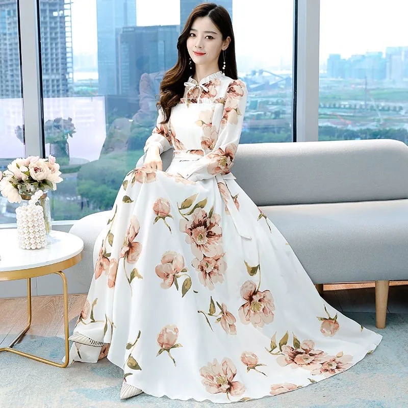 Women Maxi Standard Floral Summer long dress lady long sleeves printing  flowers fashion Dresses