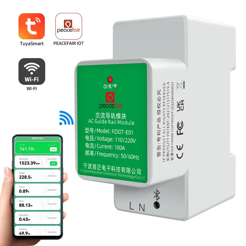 Peacefair PZIOT 220V 6in1 100A Smart Voltimetro Ampere Voltage Meter Energy Cost Power Analyzer Kwh Din Rail Wifi Energy Meter