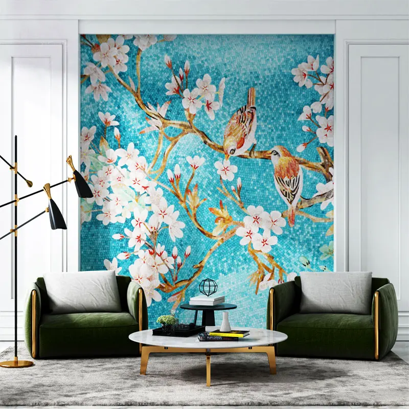 Hand Made Flower and Birds Pattern Art Design Glass Mural Mosaic Picture Decorative Tiles for Wall