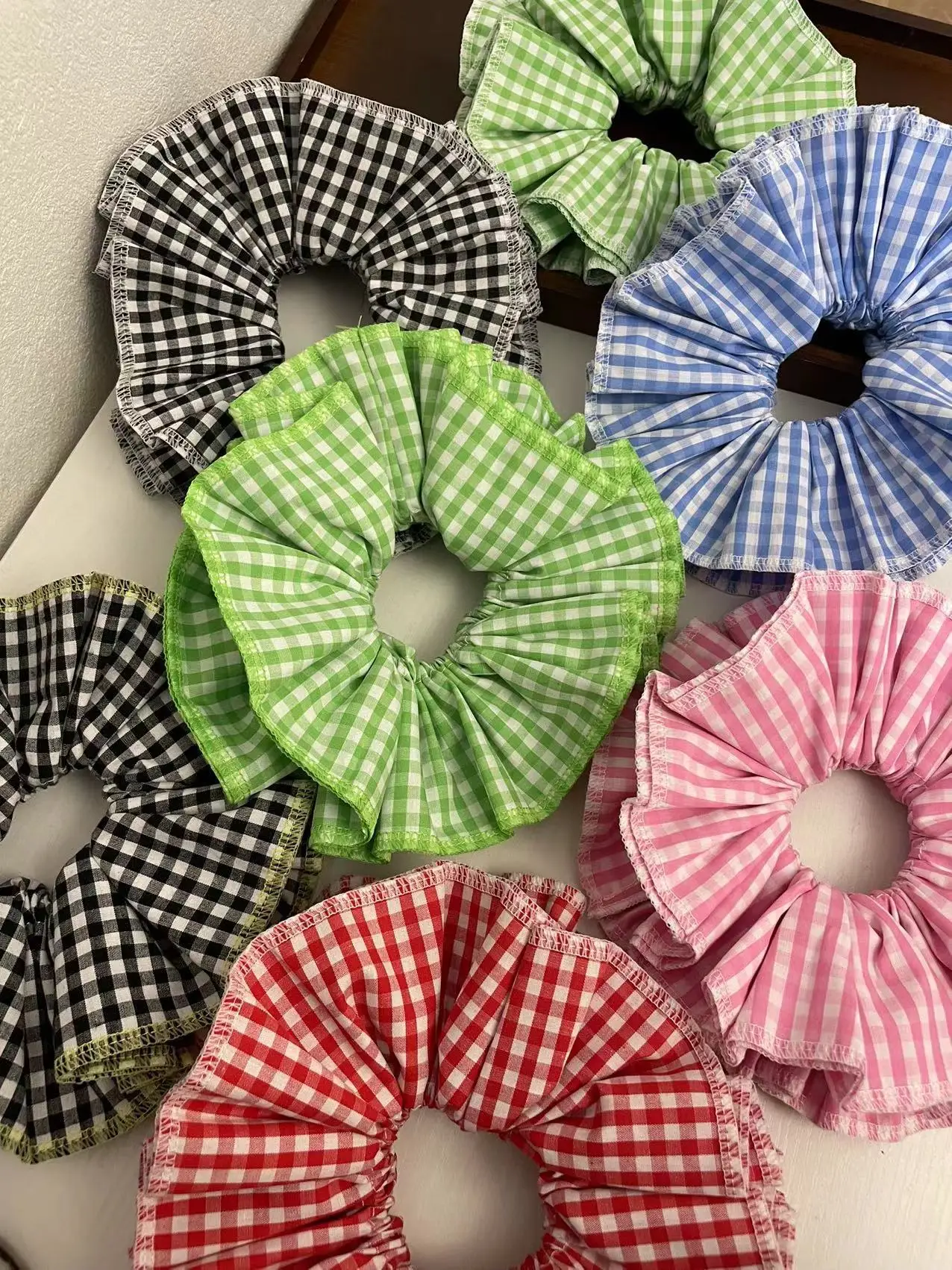 Fashion Korean 18cm Oversized XXL Large Plaid Fabric Puffy Scrunchies For Girl Pleated Double Layer Checked Hair band Accessory