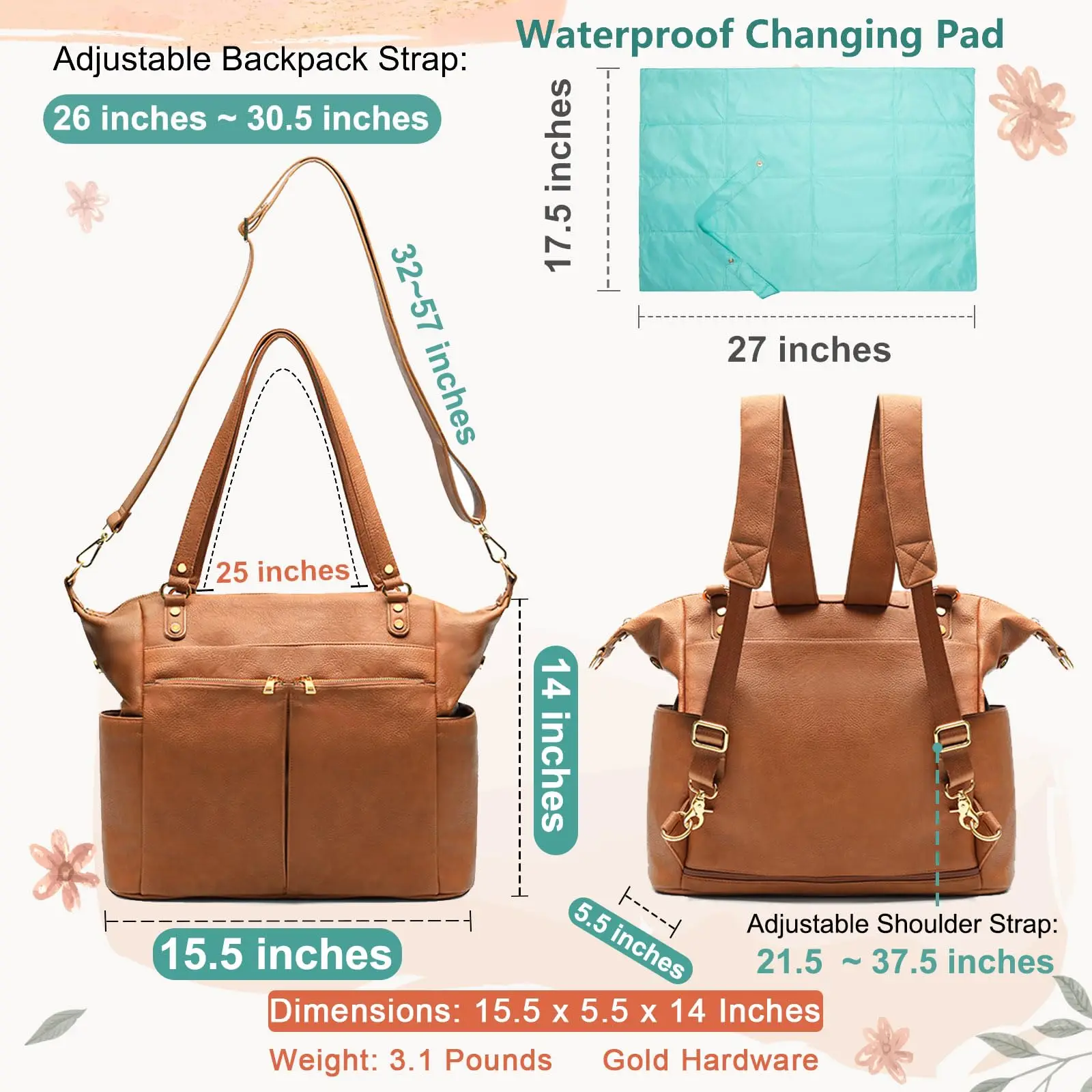 Custom Large Convertible Mommy Tote Bag PU Leather Diaper Bag Insulated Compartments Baby Mommy Backpack