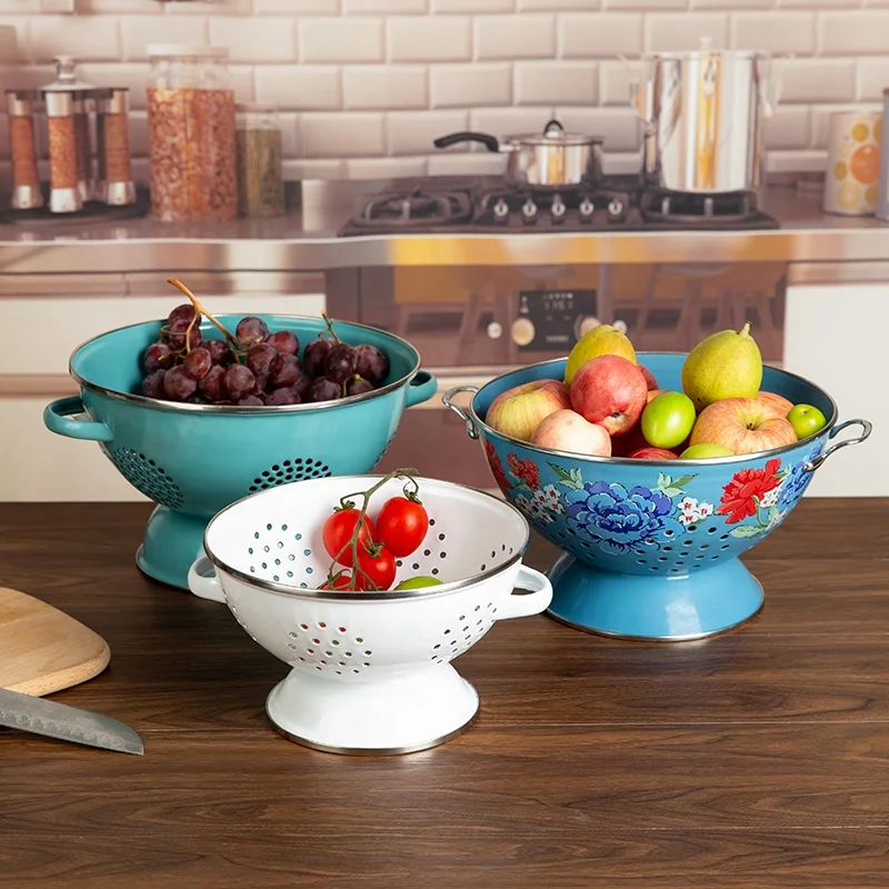Enameled Vetegable Fruit Colander Strainer 16/23/26/28cm Handmade China Factory Low Cheap Price 9 inch Enamel Storage Container