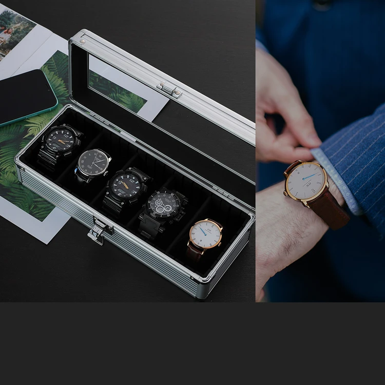  Factory Luxury Silver 5 Slot Aluminum Watch Display Gift Box Wrist Storage Transparent Glass
