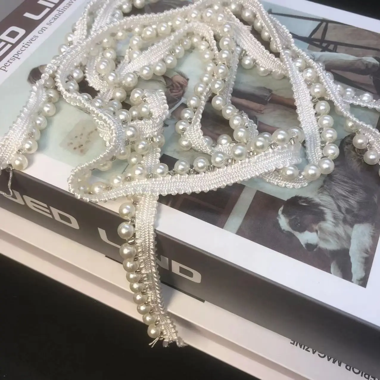 White Fabric Handmade Sewing Craft Material Cloth Pearl Beaded Lace Ribbon Tape Trim For Garment